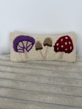 Handcrafted Cream Hooked Wool Pillow with Purple and Red Mushroom Motif